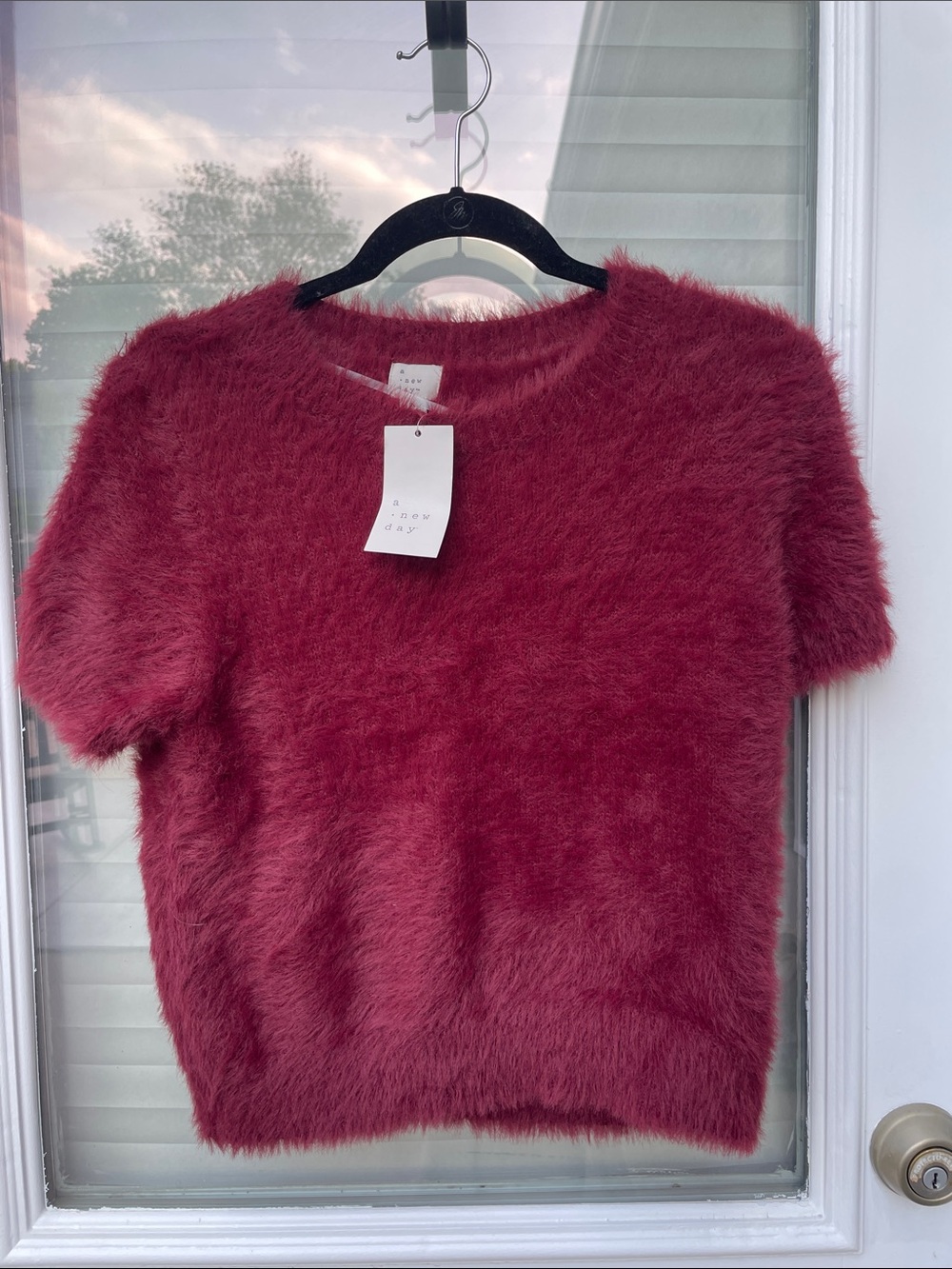 A new day Fuzzy Short-Sleeve Crew Sweater in Deep Berry